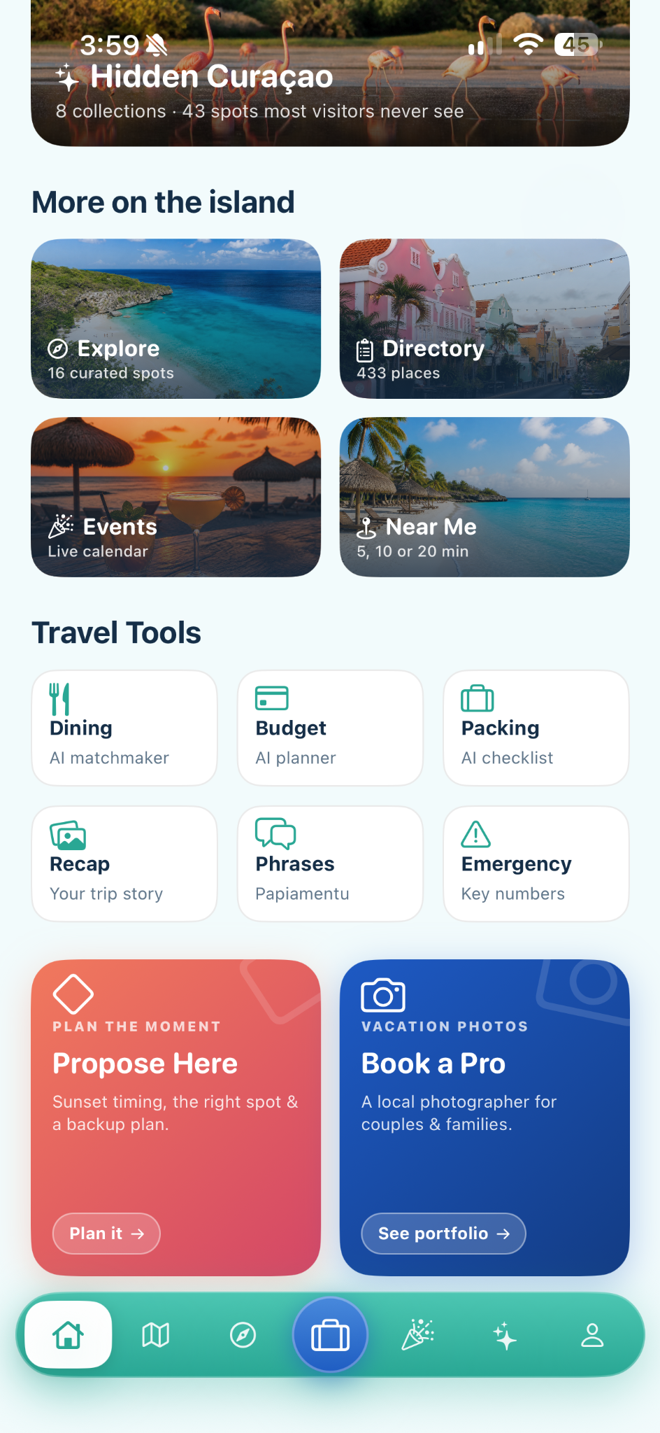 Curaçao Advisor explore and travel tools screen